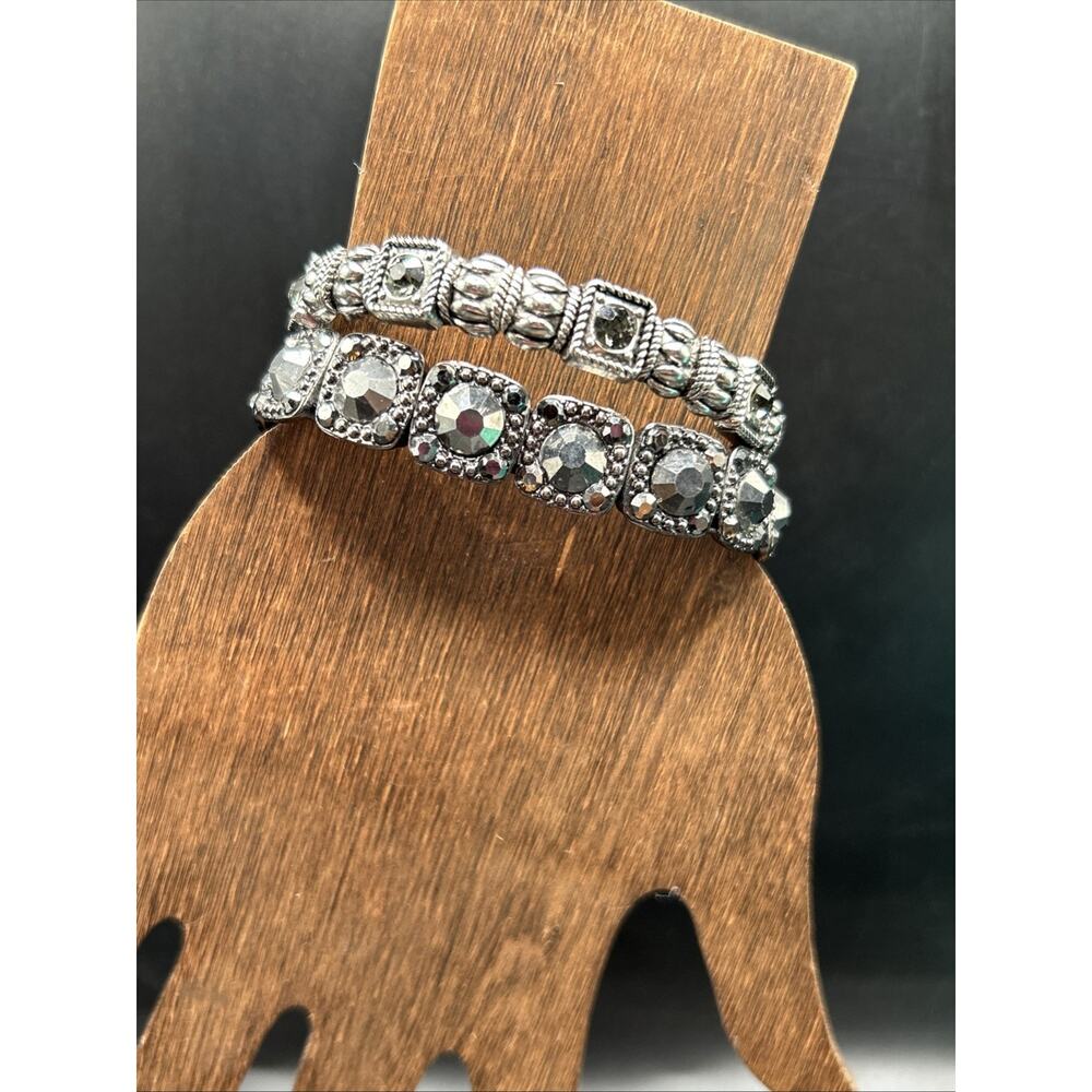 2 Slide Stretch Bracelets Size 7 Silver Tone With Rhinestones